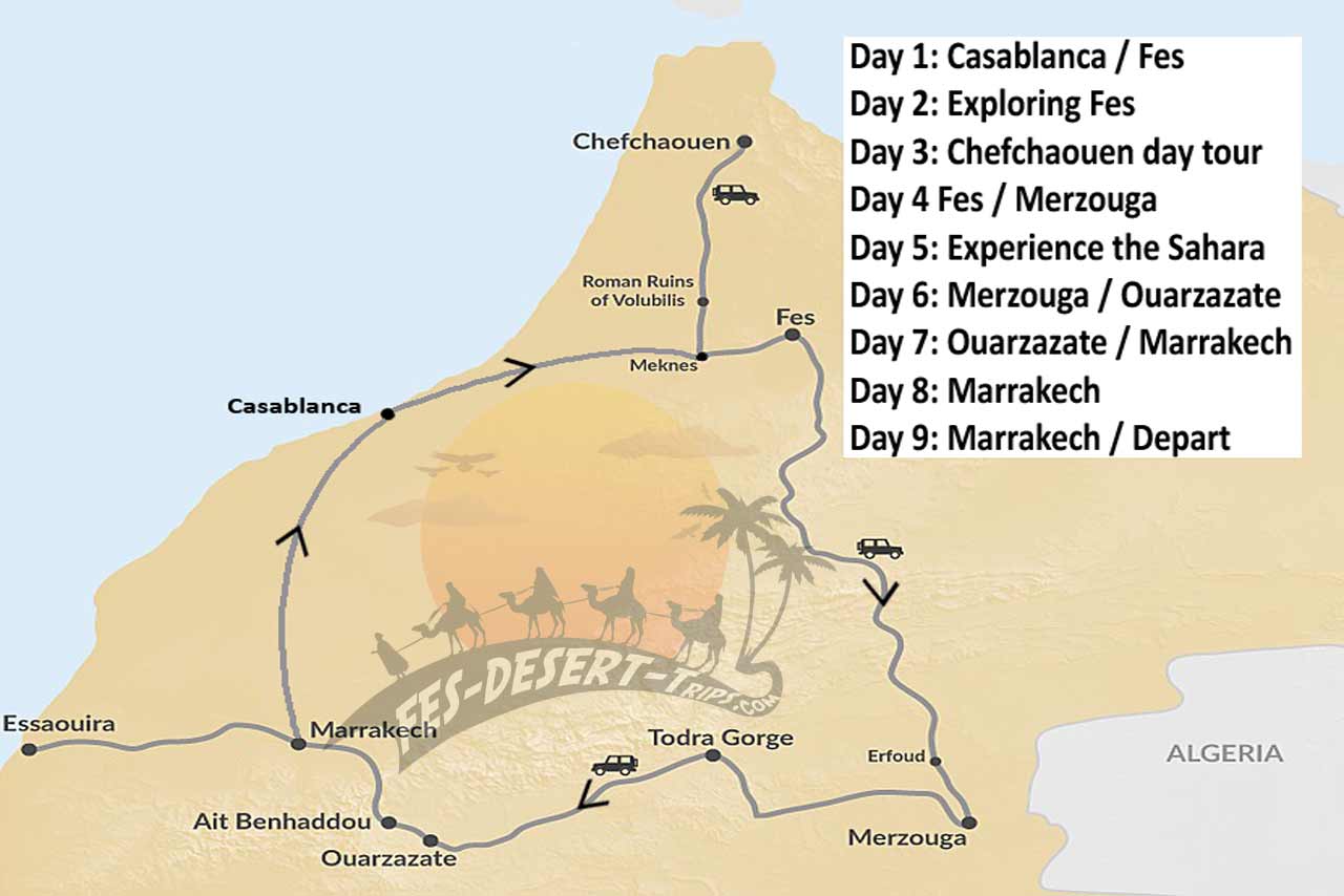 Nine days magic Morocco tour from casablanca plan